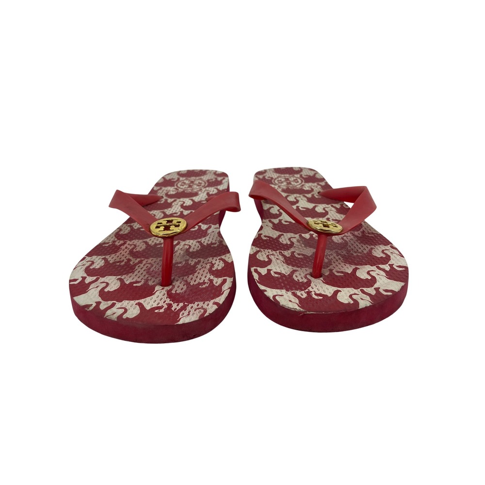Tory Burch Flip Flops Womens Red White Excellent Floral Logo Medallion Sandals 6 - Picture 2 of 8